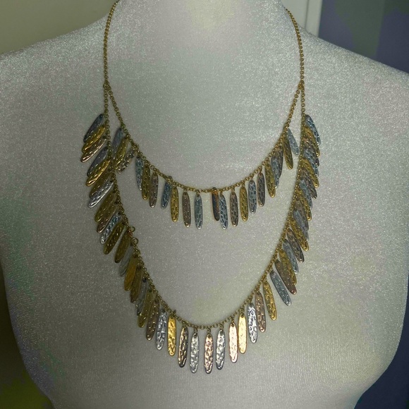 Gold tone & Silver tone Fringe Statement Necklace – 21” Hammered Metal - Picture 1 of 3